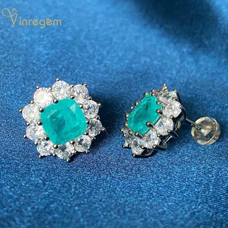 Stud Vinregem 925 Sterling Silver Created Moissanite Diamonds Paraiba Tourmaline Gemstone Earrings Ear Studs Fine Jewelry Wholesale, Golden;silver