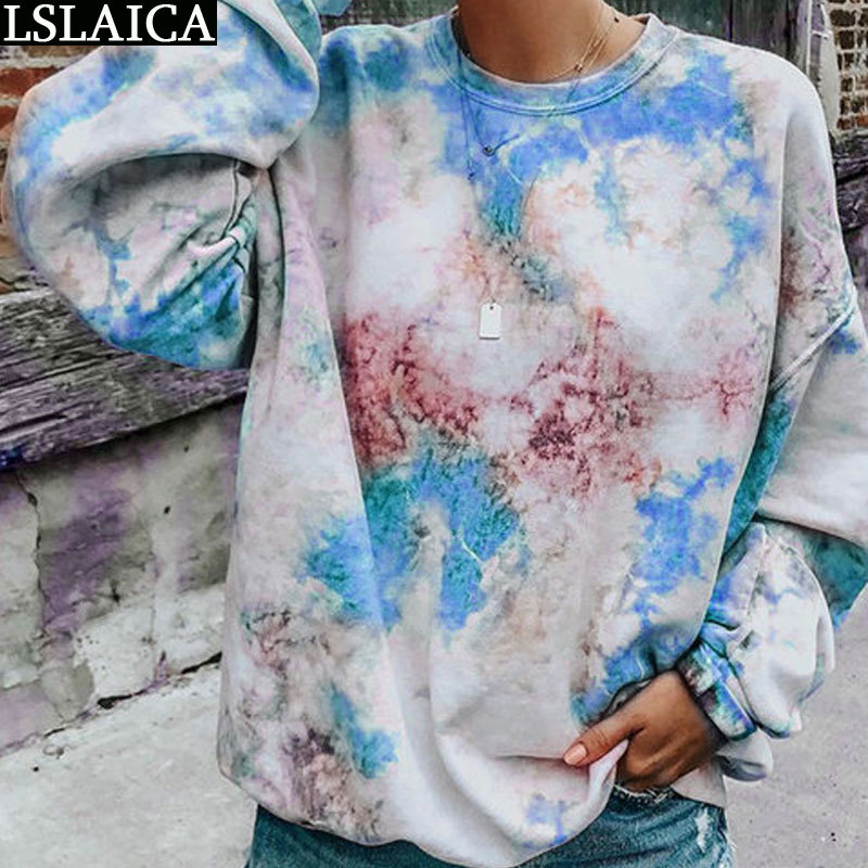 Sweatshirt Tie-Dye Long Sleeve Round Neck Women Sweetshirts Knitted Loose Caual Wlid Streetwear Oversize Moletom Feminina 210520