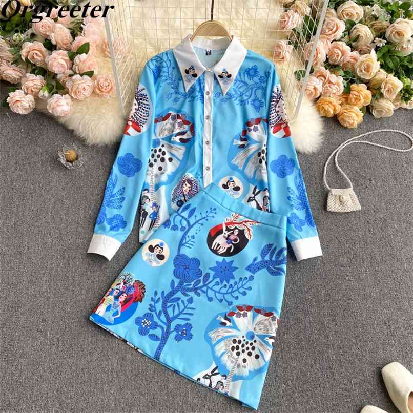 Korean Spring Lapel Long sleeve Loose Slim Shirt + High waist A-line Skirt Cartoon Print Two piece set Female 210602, Blue
Korean Spring Lapel Long sleeve Loose Slim Shirt + High waist A-line Skirt Cartoon Print Two piece set Female 210602, Blue