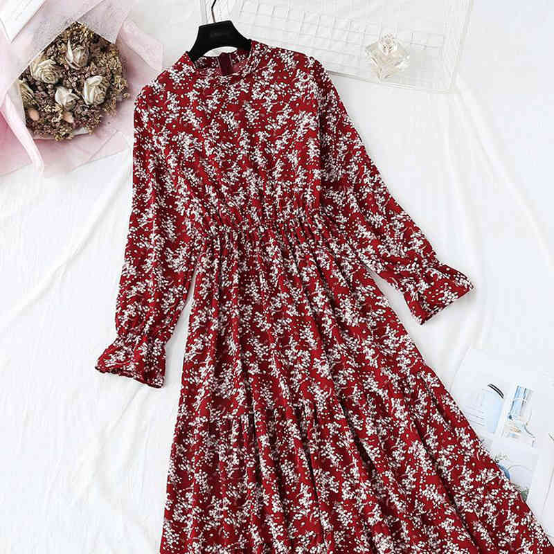 Autumn Women Chiffon Dress Vintage Long Sleeve Floral Print Ruffles Long Dresses Elastic Waist Casual Women Party Dress Vestidos 210521