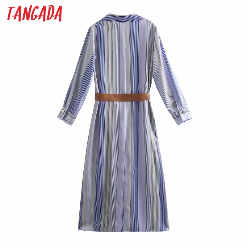 Fashion Women Striped Print Shirt with Belt Long Sleeve Office Ladies Midi Dress 5Z95javascript: 210416