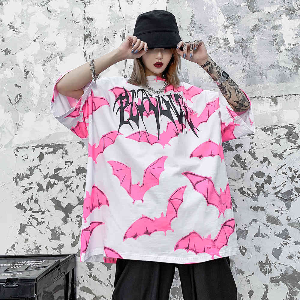 Pink Bat Graphic Tees Women Punk Shirt Gothic Oversized T Shirt Streetwear Summer Goth Clothes Oversize Tshirt Fashion Top 210406