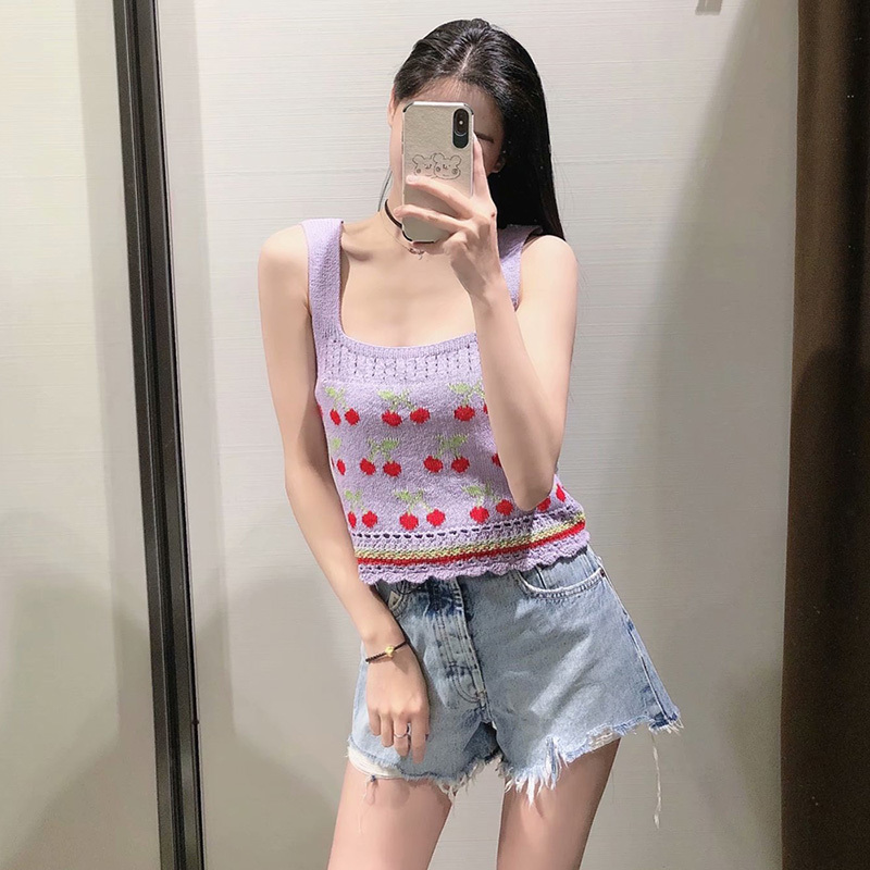 Women Sweet Cherry Print Jacquard Sling Knit Sweater Female Hollow Out Crochet Short Vest Chic Summer Crop Tops 210521