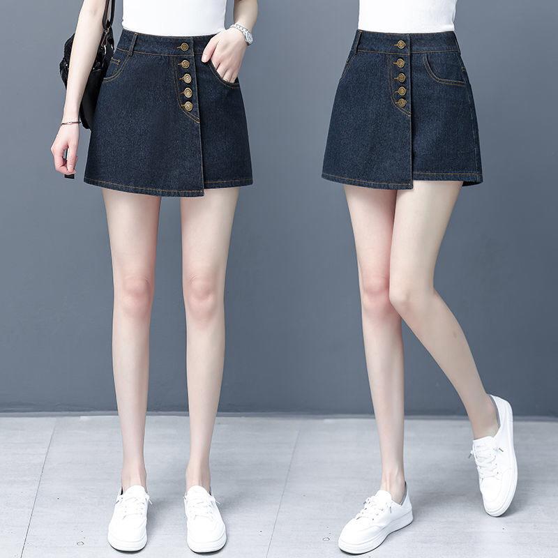 Summer 2021 Spring Womens Irregular Beige Black Denim Shorts Skirts , Korean Style Causal Button Jeans Skirt For Woman Women's