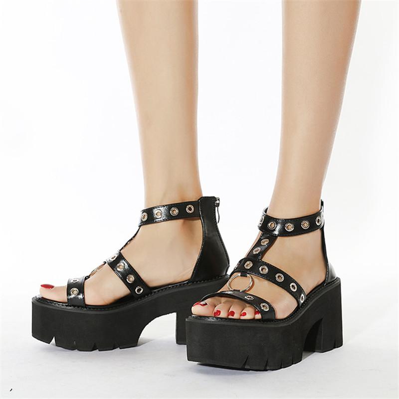 Metal Ring Hollow Out Chunky Block High Heels T Tied Gladiator Sandals Women Plus Size 34-43 Platform Punk Gothic Shoes, Black
Metal Ring Hollow Out Chunky Block High Heels T Tied Gladiator Sandals Women Plus Size 34-43 Platform Punk Gothic Shoes, Black