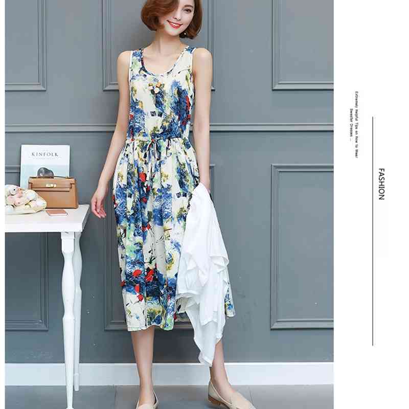 Plus Size Vestidos De Festa M-5XL Summer Dress Casual Loose Tow Piece Cotton Line Dress Print O-neck Women Dress 3698 50 210519