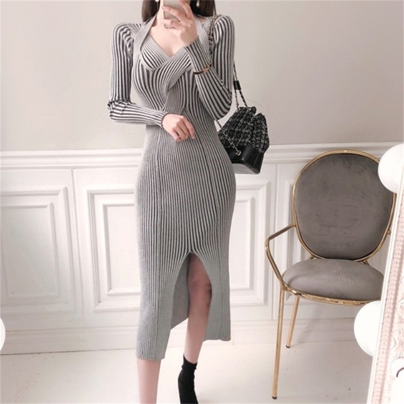 Autumn Winter Women Sexy V-Neck Knitted Dresses Elegant Bottoming Knit Soft Warm Stripe Sweater Slim Slit Vestidos 210519