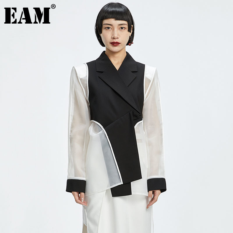 [EAM] Women Black Spliced Mesh Asymmetrical Blazer Lapel Long Sleeve Loose Fit Jacket Fashion Spring Summer 1DD7295 21512
