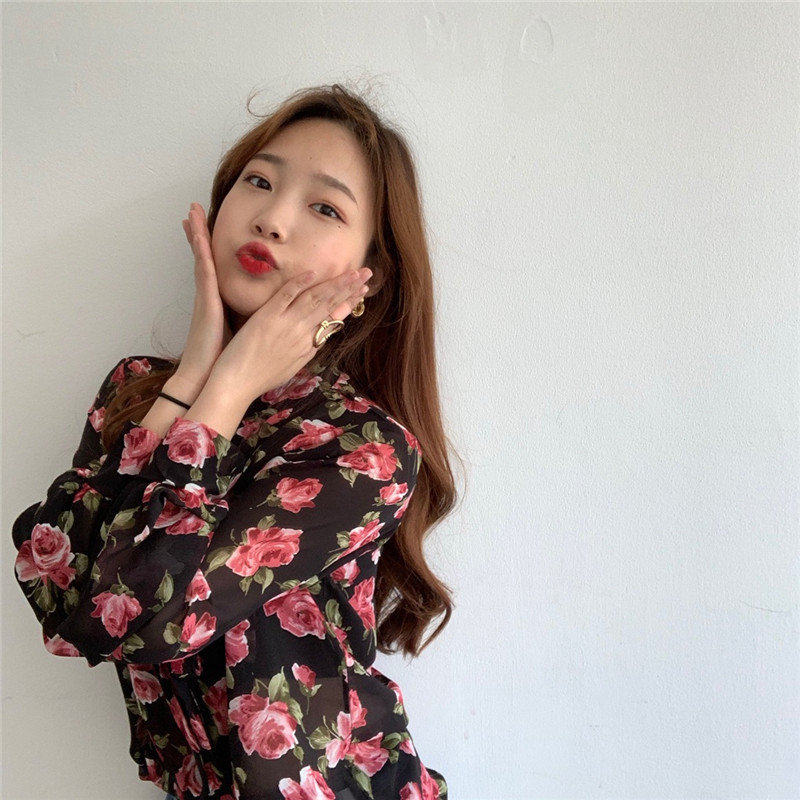 Brief Streetwear Korea Florals Retro All-Match Gentle Print Fresh Arrival Chic Office Lady Basic Shirts 210421