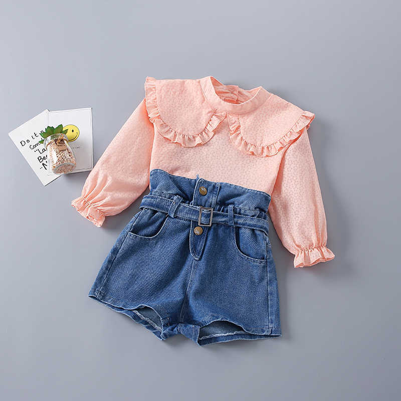 

2-7 Years High Quality Spring Girl Clothing Set Fashion Casual Cute Shirt + short Jeans Kid Children Girls 210615, Pink