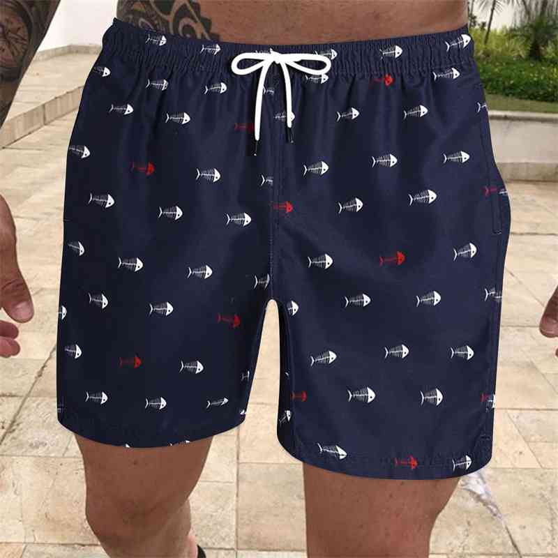 Fish Bone Print Short Swimming Trunks Men's Summer Casual Pockets Beach Shorts Loungewear Pants Cortos Casuales