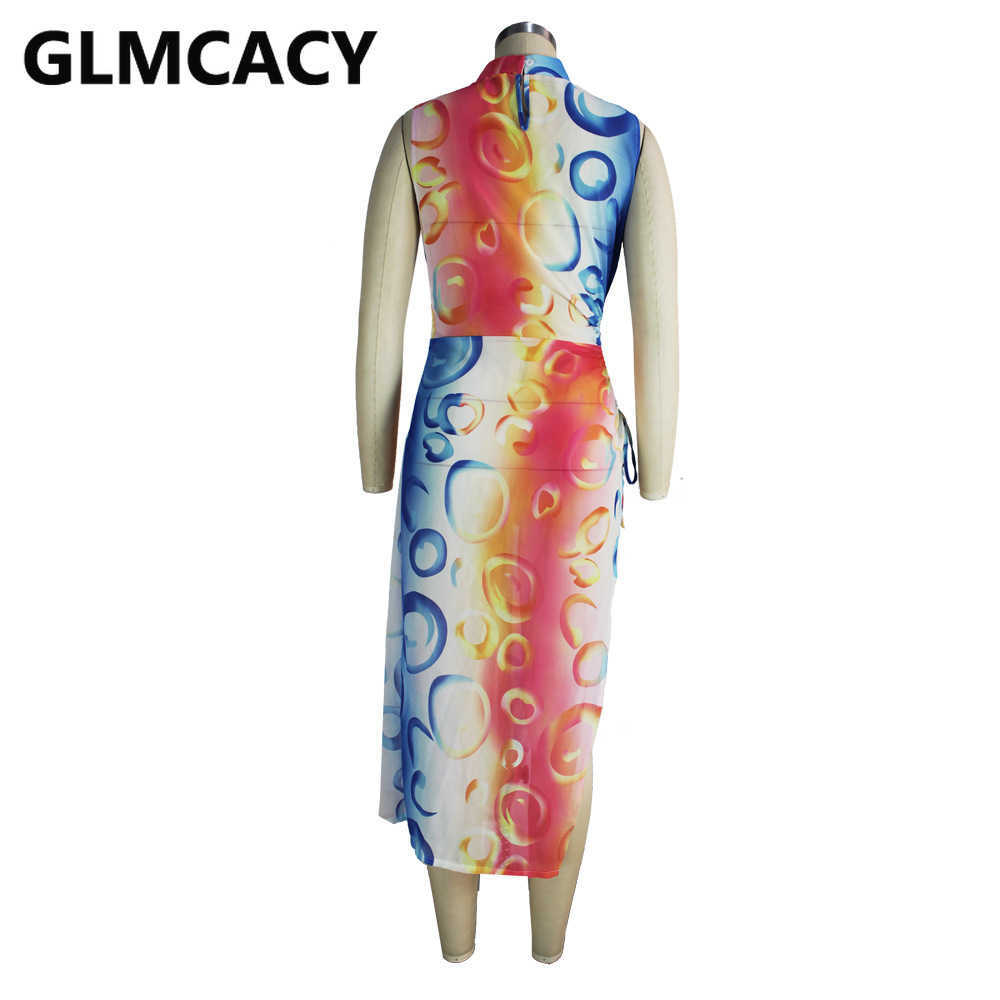 Women O-neck Sleeveless Tie Dye Printed Slit Bodycon Dress 210702