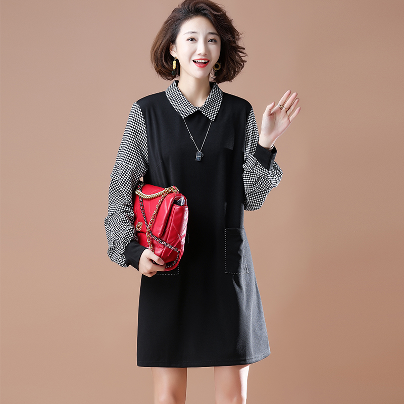 Plus Size Plaid Patchwork Women Spring Autumn Long Sleeve Turn-Down Collar Fashion Ladies Midi Tshirt Dress D0D323N 210416