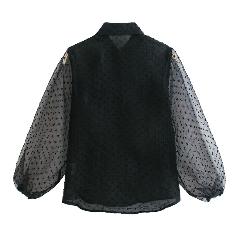 EXQJ Elegant Women Transparent Puff Sleeve Shirts Fashion Ladies Black Polka Dot Tops Sweet Female Chic Patchwork Blouses 210430