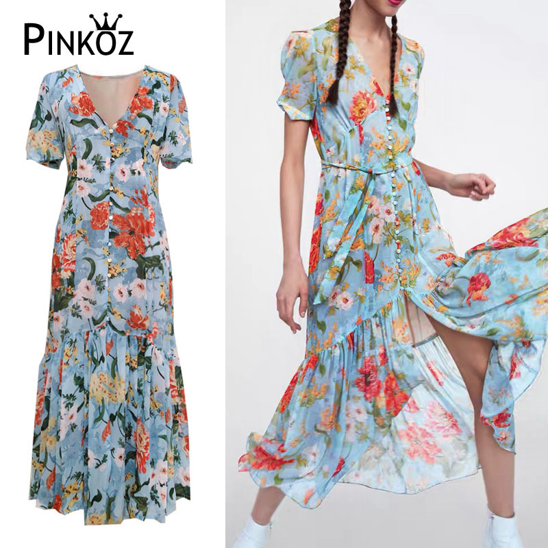 vintage chic lady flower printed blue single breasted summer fashion v-neck short sleeve beach holiday dresses women 210421