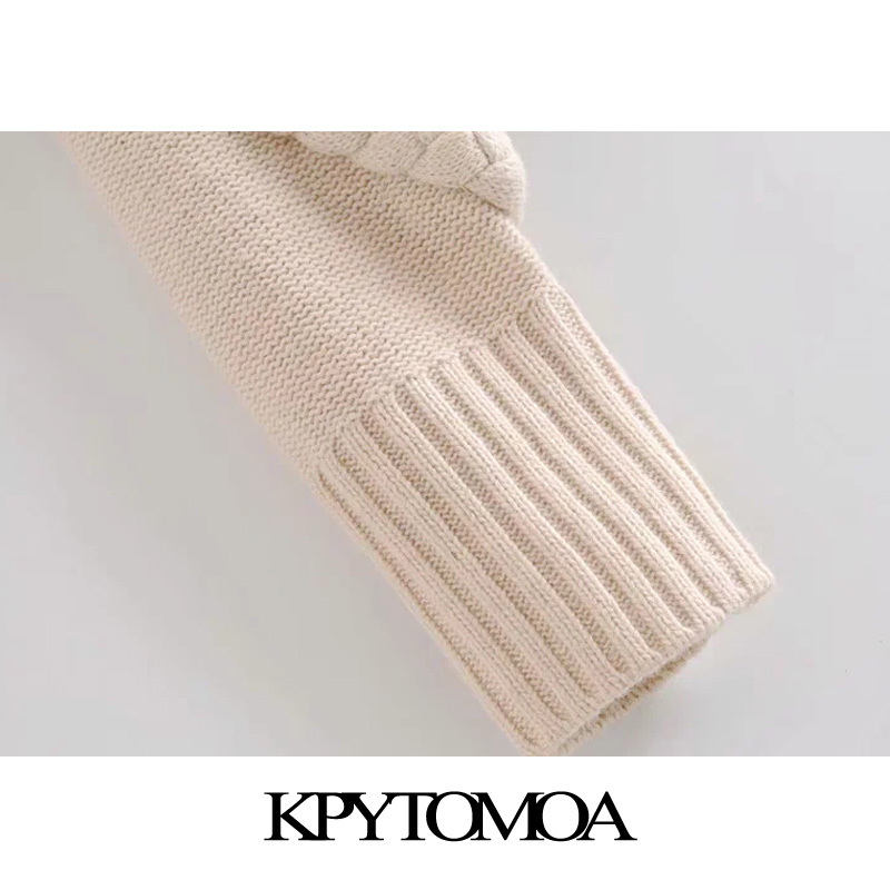 Women Fashion With Shoulder Pads Cropped Cable-knit Sweater O Neck Long Sleeve Female Pullovers Chic Tops 210420