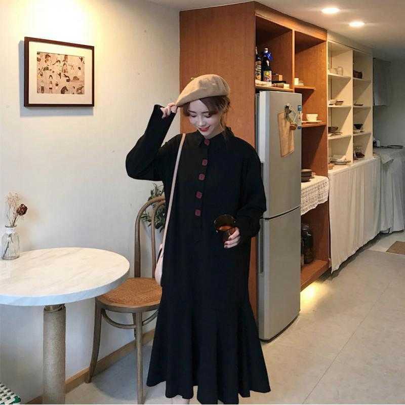 Yedinas Japanese Style Black Maxi Dress Long Sleeve Chic Button Ladies Elegant Large Dresses Party Vestidos Plus Size 4XL 210527