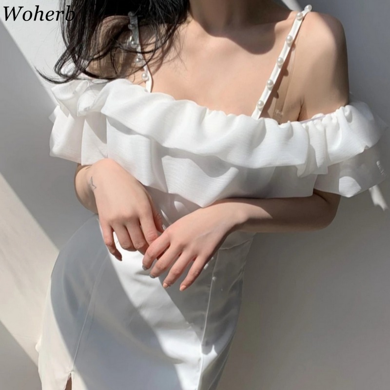 Vestidos Mujer Sexy Beading Off Shoulder Mini Dress Summer Sling Short Sleeve Ruffles Robe Elegant Bodycon Party Dresses 210519