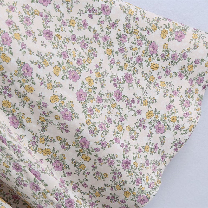 PUWD Sweet Women V Neck Draw Back Dress Summer Fashion Ladies College Style Cute Female Silk Texture Print 210522