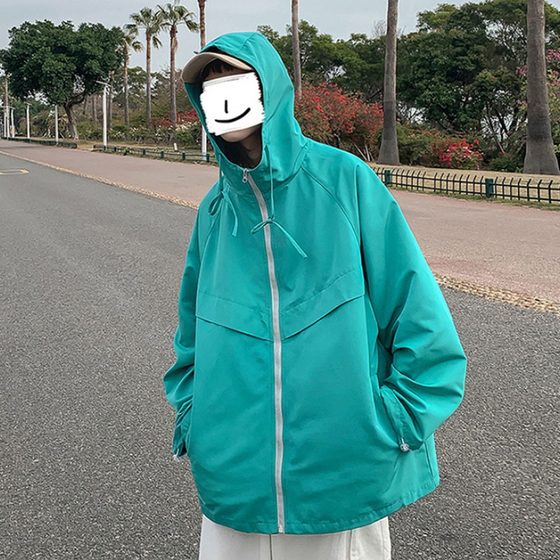 Spring New Korean Fashion Jackets Men's Loose Windbreaker Hooded Zipper Jacket Coats Men's Casual Outwear Black Lake Green 210412