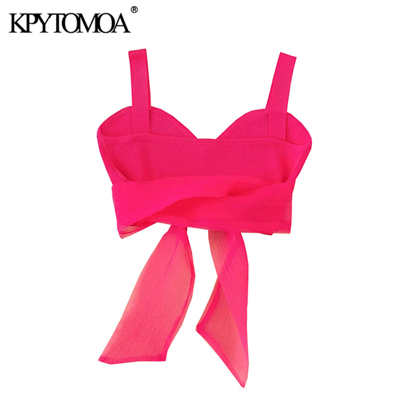 Women Sexy Fashion With Organza Bow Tied Cropped Knit Tank Tops Backless Wide Straps Female Camis Mujer 210420