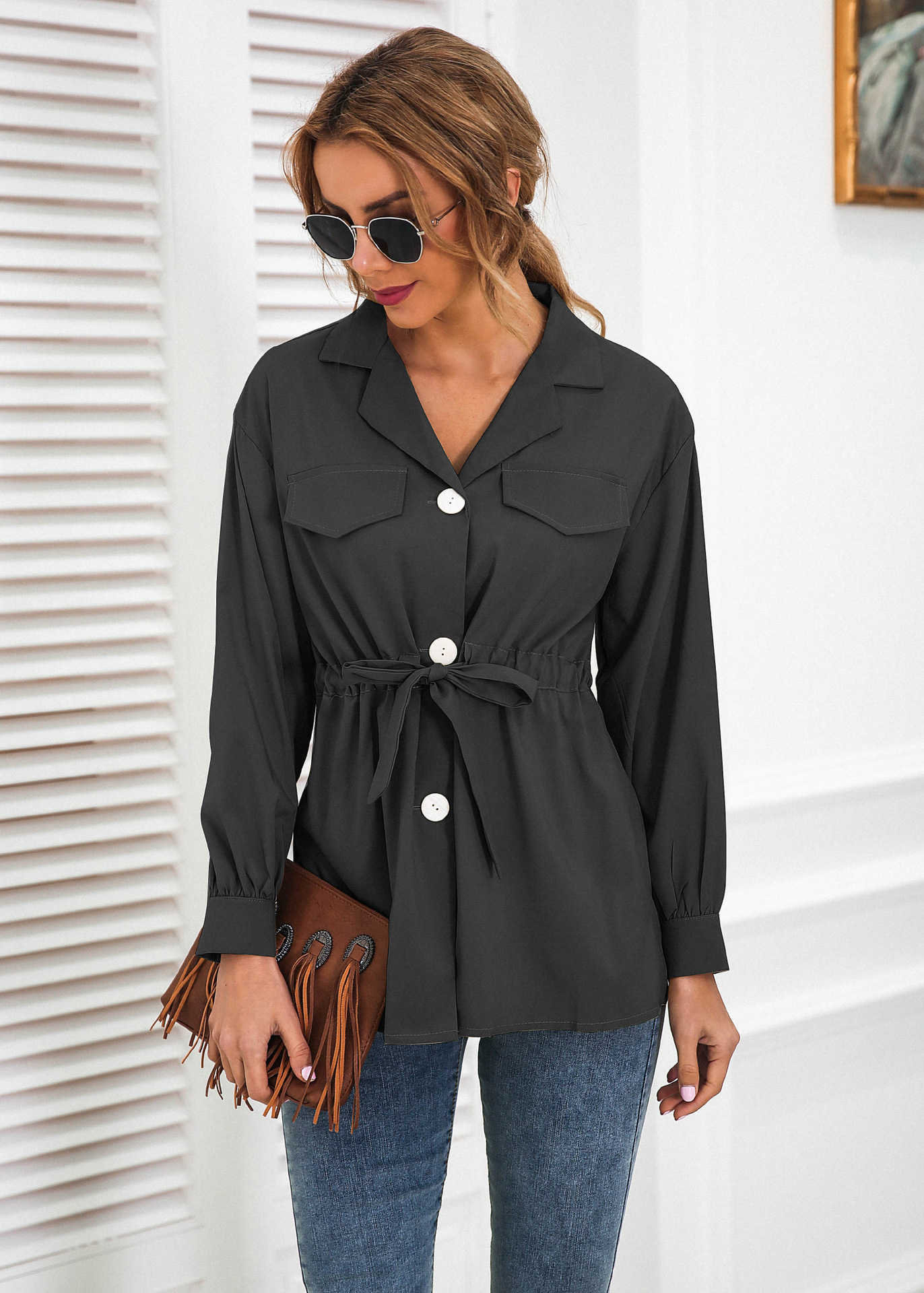 Turn-down Collar Single Breasted Tunic Lace Up Shirt Lanter Sleeve Loose Lady Casual Tops Korean Fashion Blouse Streetwear Black 210604