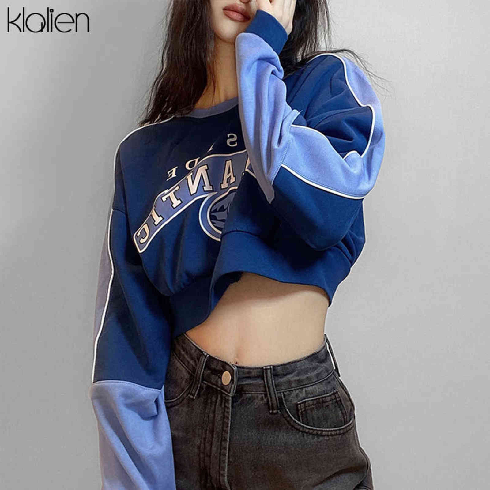KLALIEN Fashion Print Letter Long Sleeve O neck Loose Pullovers Hoodie Autumn Casual Street Soft Cotton Wild Sweatshirt Lady 211109