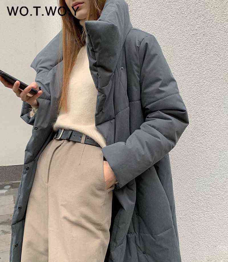 WOTWOY Winter Thickening X-Long Parkas Women Wide-Waisted Loose Cotton Padded Jackets Female Green Grey Sashes Warm Windbreaker 211102