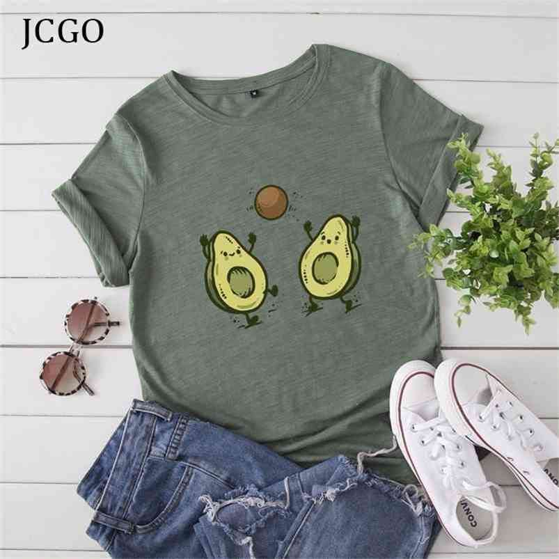 JCGO Summer Cotton T Shirt Women Plus Size S-5XL Funny Avocado Print O-Neck Short Sleeve Simple TShirts Casual Ladies Tee Tops 210406