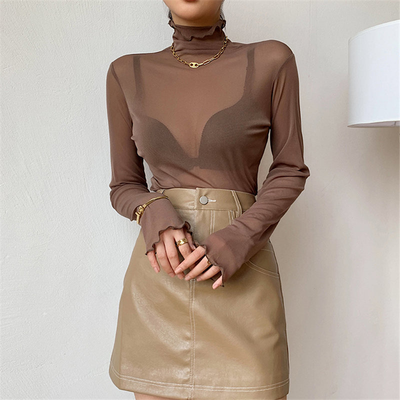 Autumn Female Minimalist Tops Large Size Women Sexy Solid Casual Basic Thin Turtleneck Brief T-shirt 210421