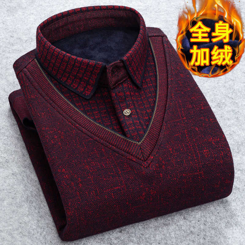 Autumn Winter Man Fleece Shirt-collar Sweater Fashion Grid Solid Thicken Warm Sweater Male Plus Velvet thicken Sweater M-3XL 211008