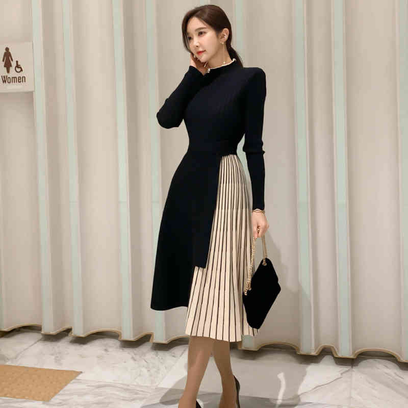 Fashion Knitted Sweater Dress Women Long Sleeves Waistband Middle Pleated Ladies Office A-Line Vestido Da Festa 210520