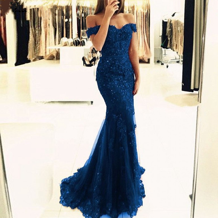 Royal Blue Mermaid Evening Dresses 2021 New Women Boat Neck Appliques Lace Formal Party Elegant Off Shoulder Long robe de soiree
