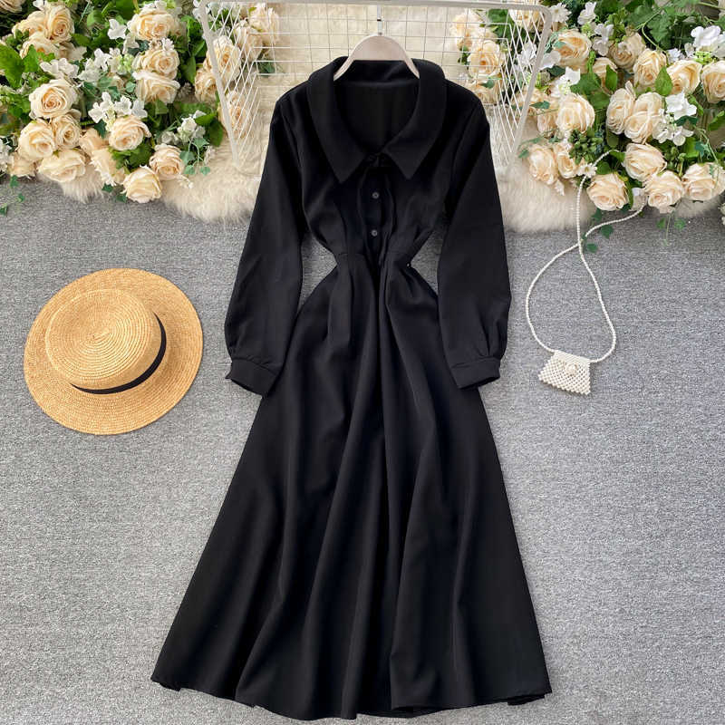 Lady Fashion Autumn A-line Dress Women Lapel Long Sleeve High Waist Thin Elegant Clothes Vestidos De Mujer P877 210527