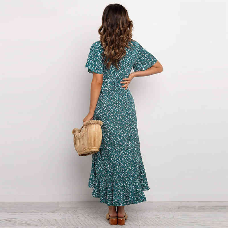 Women V Neck Floral Print Beach Long Dress Flare Short Sleeve Casual Maxi Dress Summer Bandage Wrap Dress Femme Robe 210414