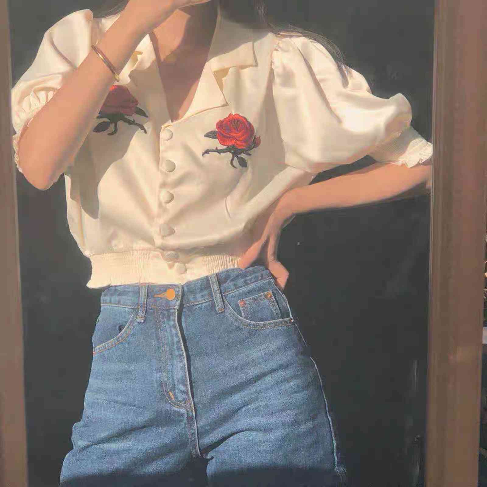 vintage rose flower embroidery white short puff sleeve single breasted casual daily shirt woman young blouse blusen damen 210421