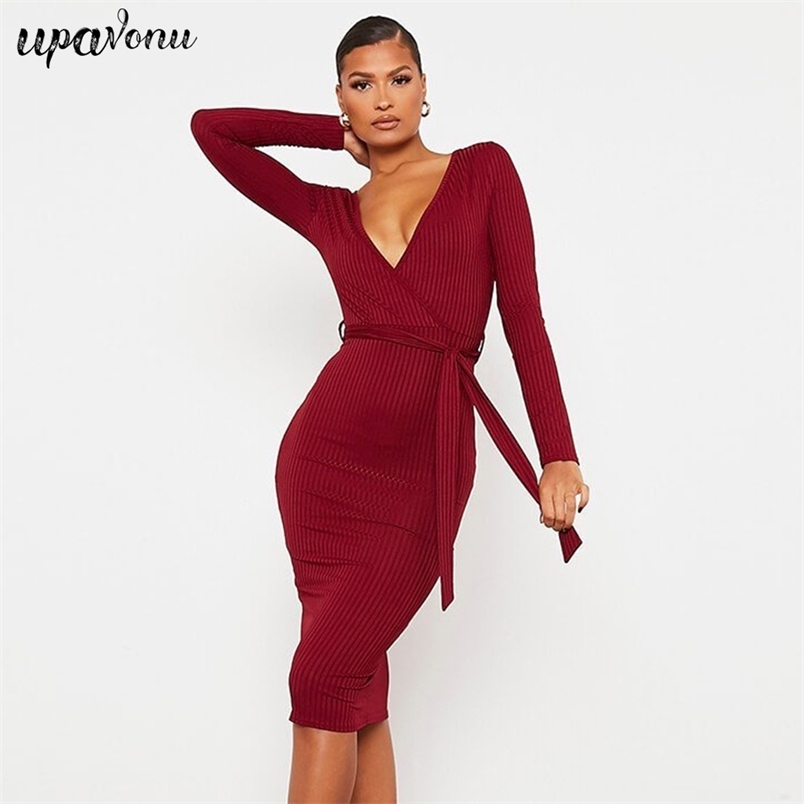 Free Women's Green Striped Dress Sexy V-neck Long Sleeve Bodycon Lace Up Club Party Knee-Length Vestidos 210524
