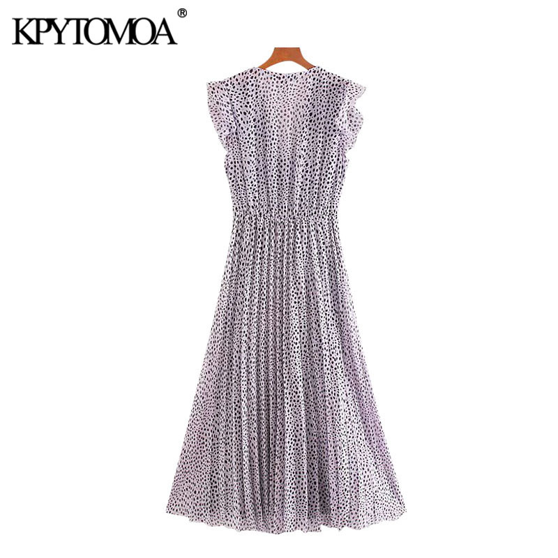 Women Chic Fashion Pleated Printed Ruffled Midi Dress Sleeveless Elastic Waist Tied Female Dresses Mujer 210420