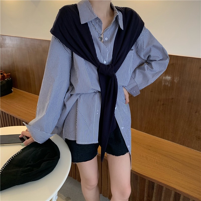 Korea Clothing CHIC False 2 piece Mid Long Striped Oversize Shirt Retro Woman Lapel sleeve Loose Blouse Casual Tops Blousas 210429