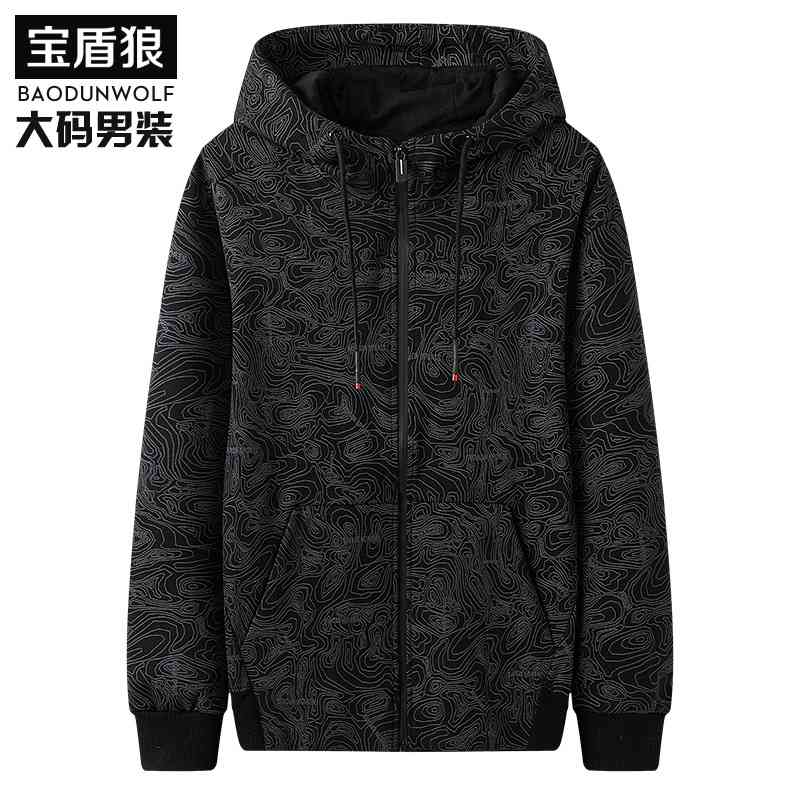 Spring and autumn thin men's pure cotton sports hooded cardigan plus enlarged guy camouflage sweater fat man coat, Black 
Spring and autumn thin men's pure cotton sports hooded cardigan plus enlarged guy camouflage sweater fat man coat, Black