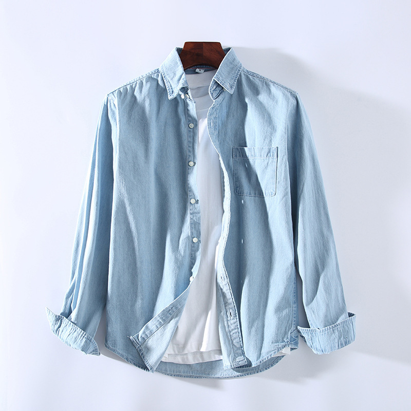 men's jackets outono algodão macio manga longa superior do vintage luz azul denim camisa dos homens ajuste fino casual botão colar, Black;brown
men's jackets outono algodão macio manga longa superior do vintage luz azul denim camisa dos homens ajuste fino casual botão colar, Black;brown