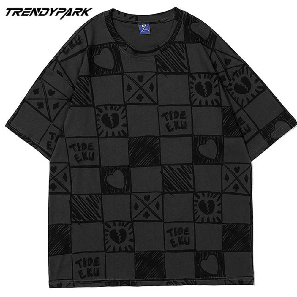 Men's T-shirt Hand Drawing Checked Plaid Summer Short Sleeve Printed Oversized Cotton Casual Harajuku Streetwear Top Tshirts 210601