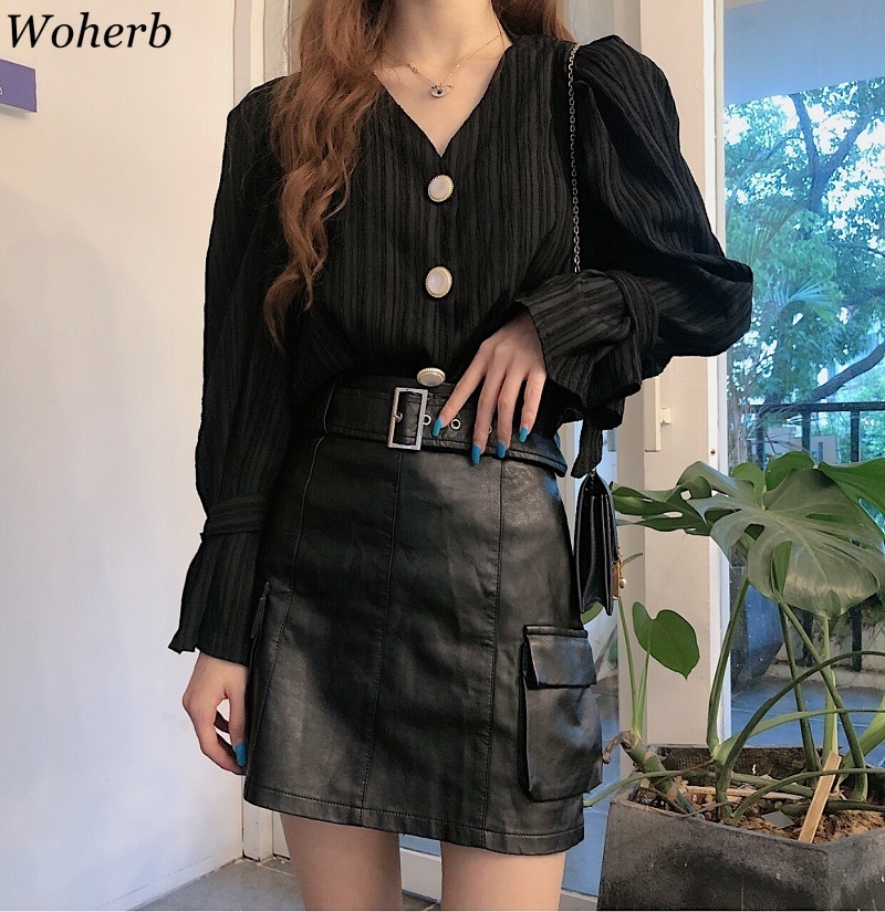 Solid Office Ladies Shirts Spring Summer V-neck Vintage Pleated Blusas Mujer Fashion Elegant Sweet Women Blouses 210519