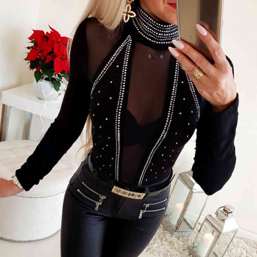 Sexy Women Mesh Tops Rhinestone Stand Collar Ladies T-shirt Solid Black Woman Tee Shirt Long Sleeve Slim Fit Female Tops D30 210406