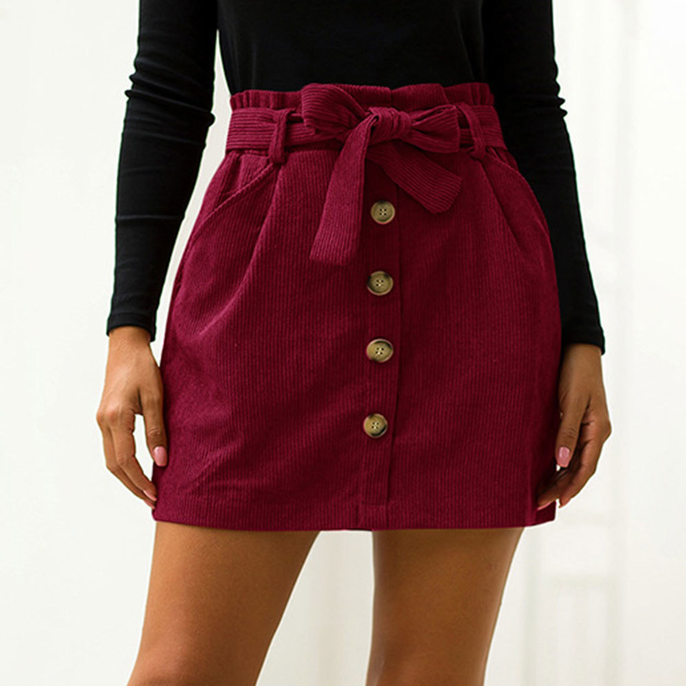 Women Winter Spring Vintage Corduroy Button Skirt Casual High Waist Harajuku Solid a Line Mini with Sashes 210428