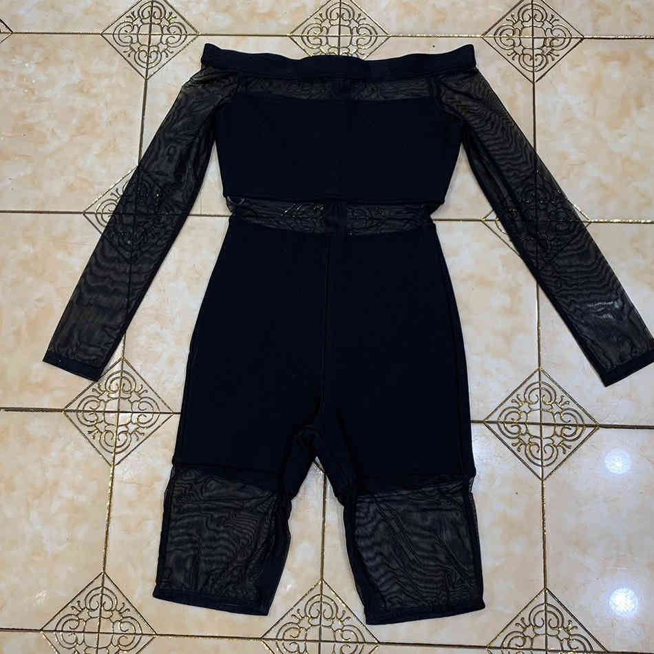 Free Sexy Tulle Bandage Playsuits Women's One Shoulder Long Sleeve Black Mesh Sheer Club Party Jumpsuit 210524