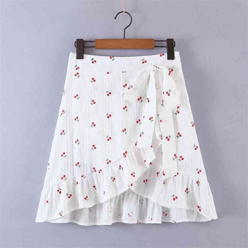 2 pieces Set Summer Retro Front Knik Bow Cherry print Short Sleeve Crop top Shirt White Woman Wood ear Ruffles Wrap Skirts 210429