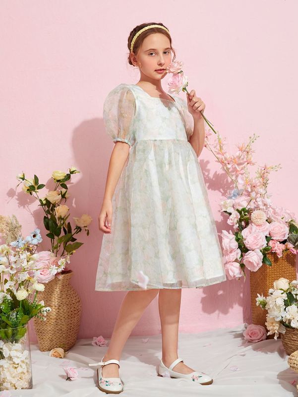 Girls Puff Sleeve Organza Floral Dress SHE