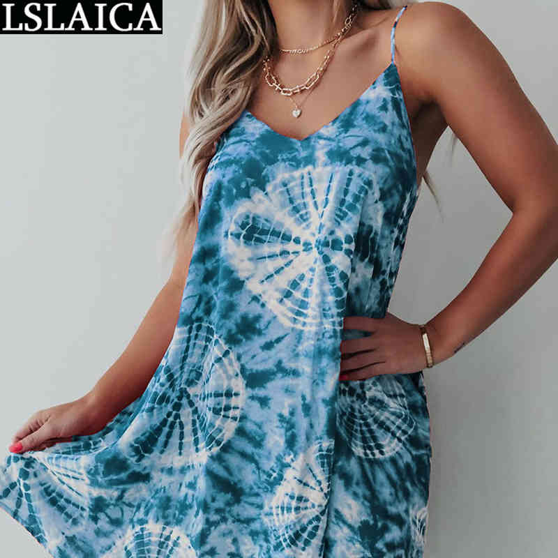 Summer Dress Tie Dye Plus Size Fashion Elegant Mini Party Club Woman Streetwear Knitted Casual Suspender for Women 210515