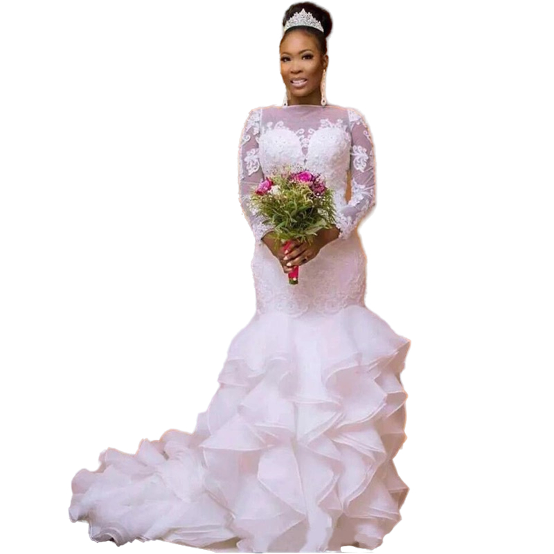 Gorgeous African Tiered Ruffles Mermaid Wedding Dresses For Bride 2022 Long Sleeves Lace Appliques Court Train Wedding Gowns Jewel Neck Back Buttons B